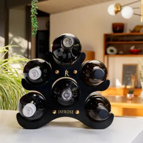 Wooden wine rack holds 6 bottles - compact and movable holder - easy to assemble space saving storage design - black