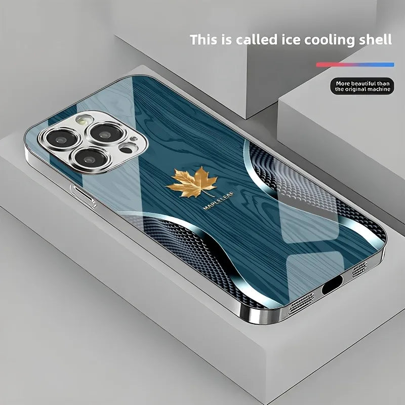 Gold maple leaf wood grain curve pattern phone case for iphone 17 16 15 14 13 12 11 pro max plus 16e air tempered glass