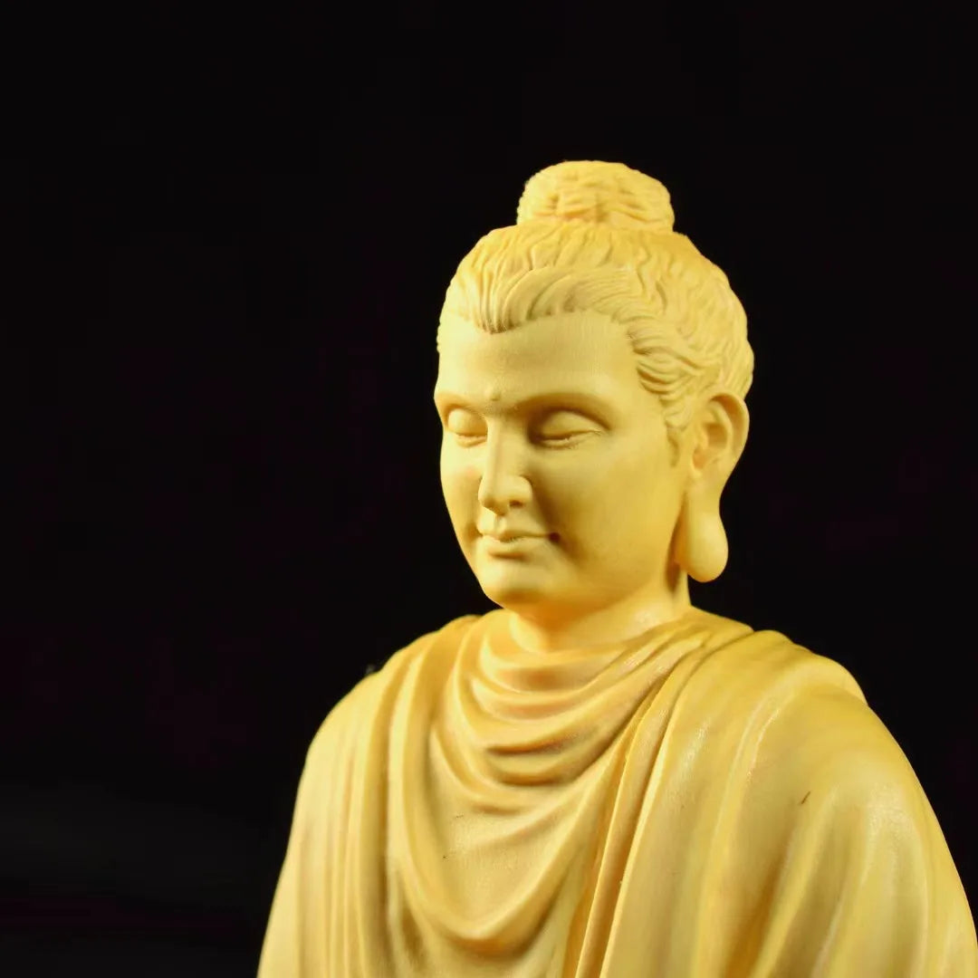 Natural boxwood shakyamuni buddhist statue solid wood carving，lndian figure buddha，home room office feng shui - 1