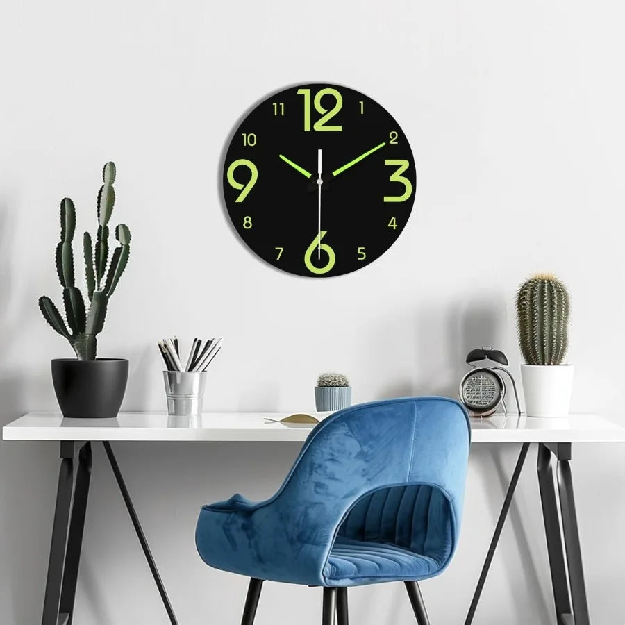 Glow in the dark clock 12 inch modern silent non ticking lumino wall clocks battery operated night light wooden