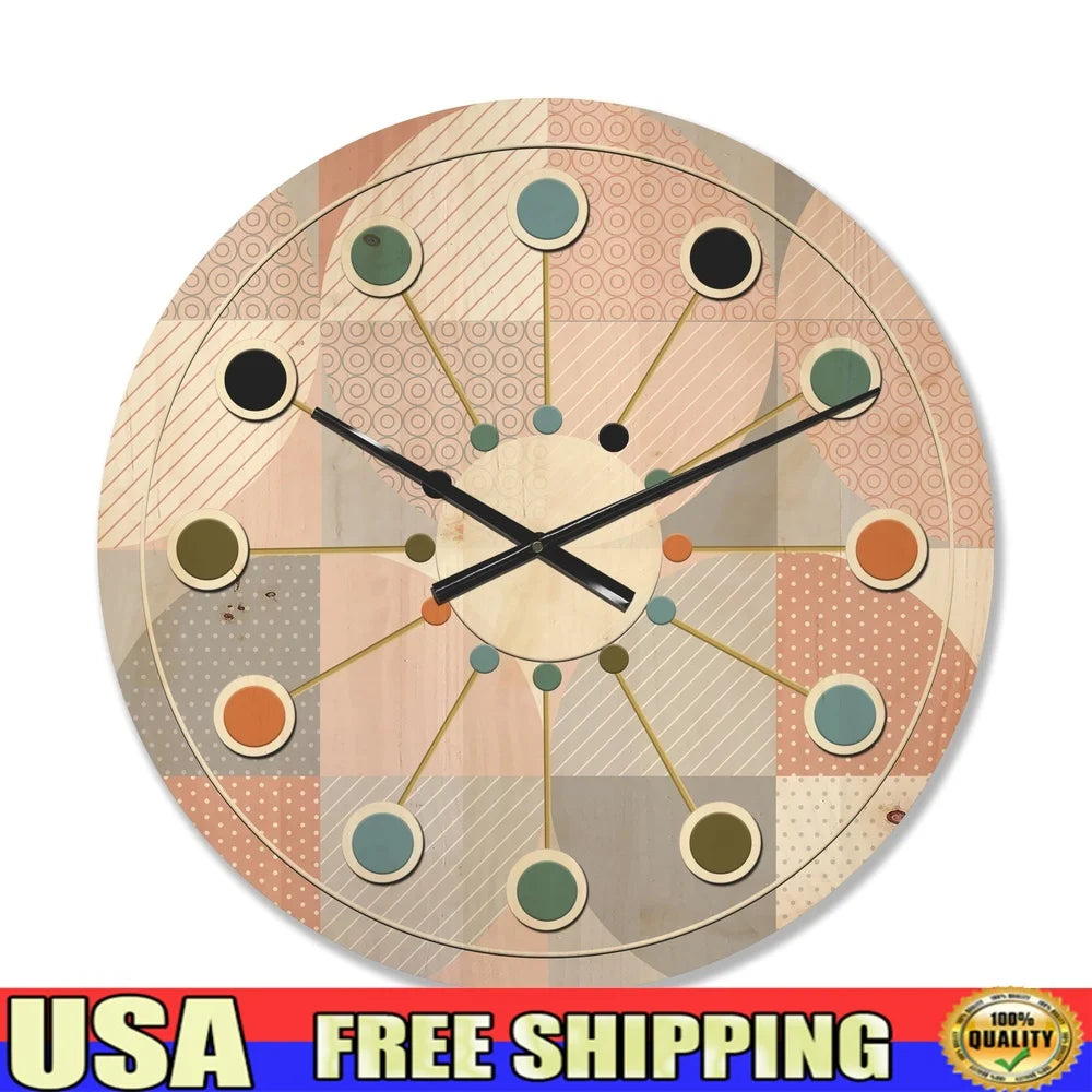 Mid-century modern wood wall clock geometric round textured pattern unique art natural pine ready to hang battery