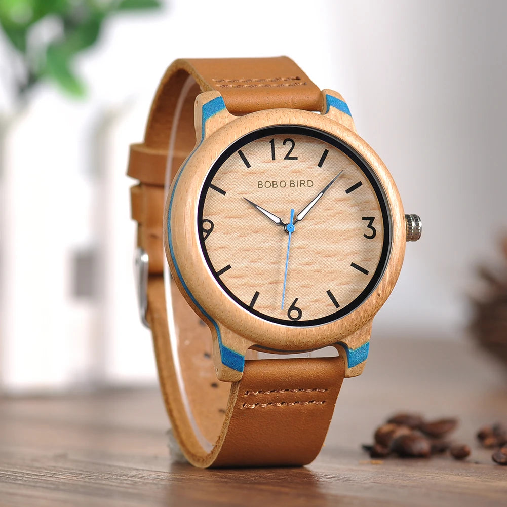 Bobo bird wood watch for men women japan analog quartz wristwatches 44mm causal green leather custom watches relogio
