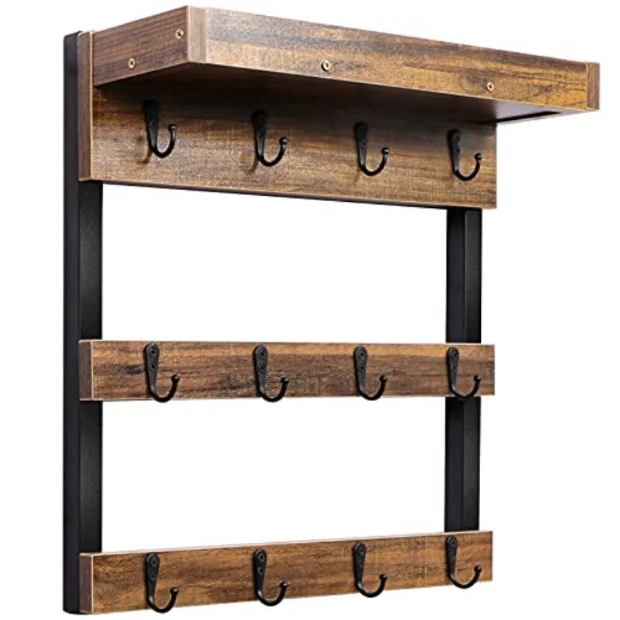 Coffee mug rack wall mounted rustic wood cups with 12 hooks and storage shelf for home kitchen display collection rust