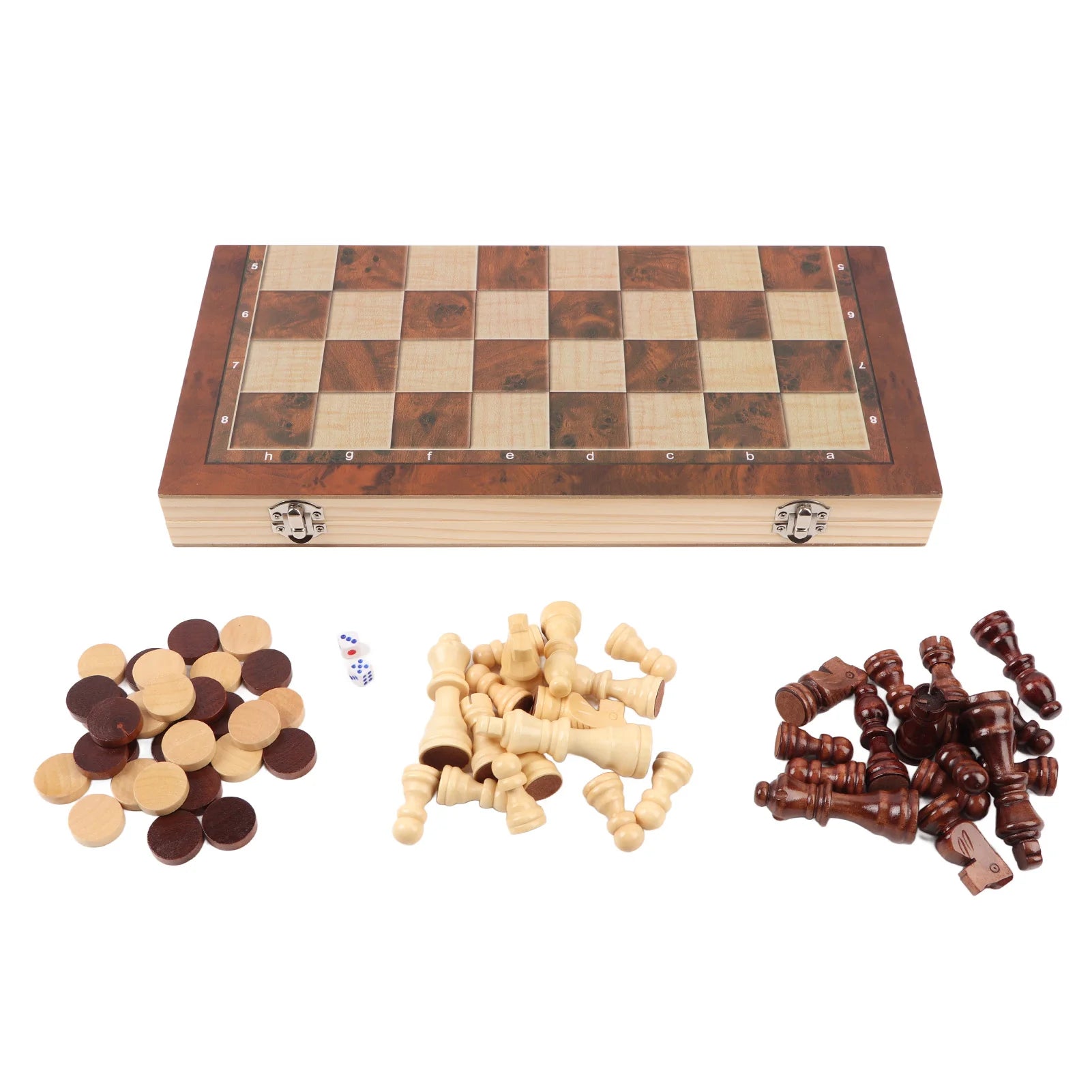 3 in 1 wooden chess checkers set portable game with folding board for kids adults - color as show