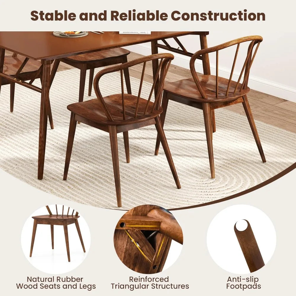 Wooden dining chairs set of 2 windsor kitchen w/high spindle back & rubber wood legs wide seat curved backres - walnut