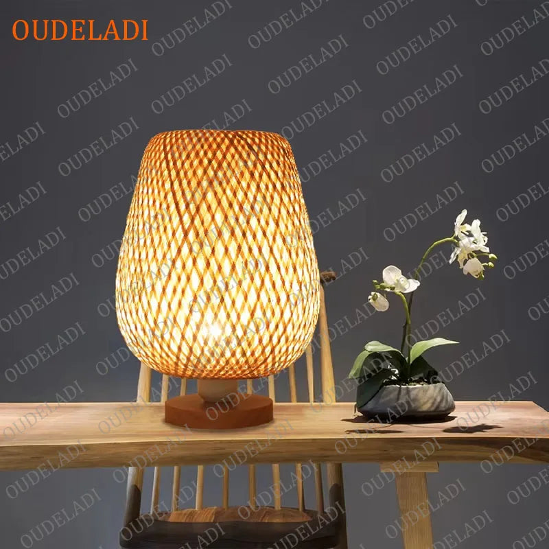 Oudeladi vintage bamboohandicraft table lamps handmade bedroom bedside desk lights living room decor warm bamboo wood