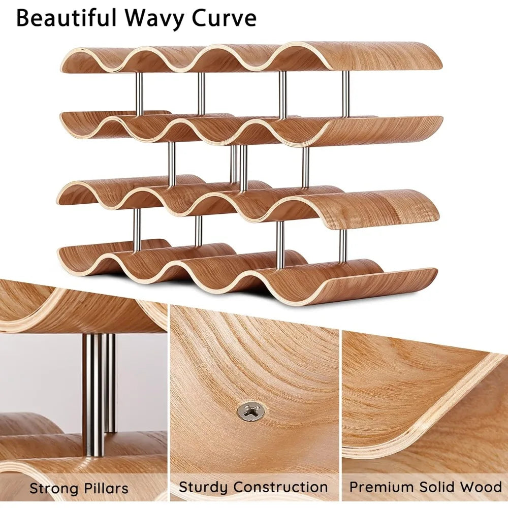 Four-tier freestanding wooden wine rack for 14 bottles - wavy design storage organizer - united states / wood - wine