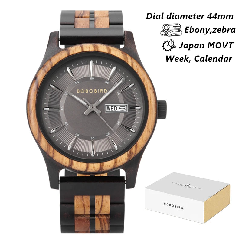 Bobo bird men’s watches fashion wooden wristwatch week & auto-date display watch for men with gift box 2025 new - black