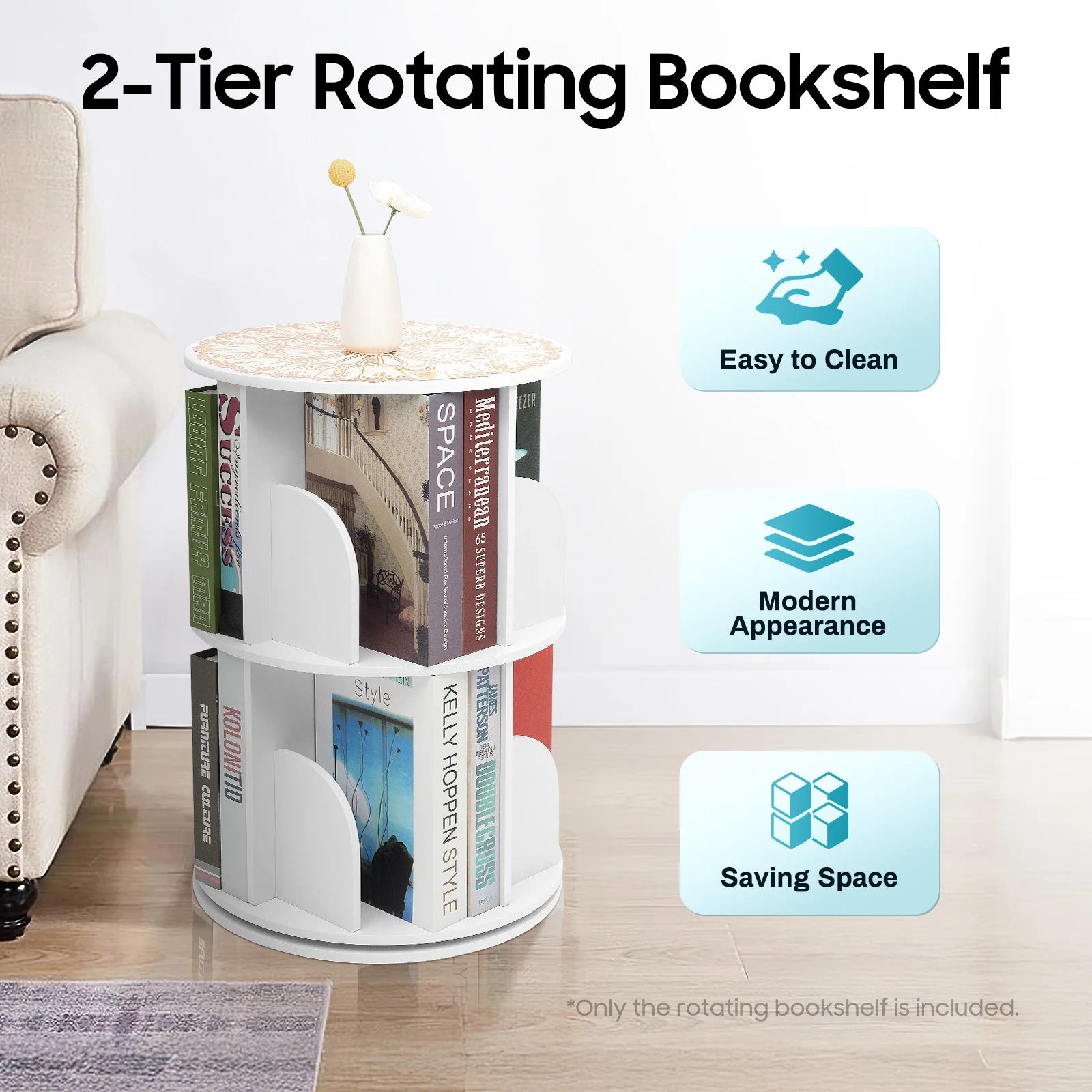 2-tier solid wood rotating bookshelf 360 display wooden spinning bookcase storage rack floor standing revolving tower