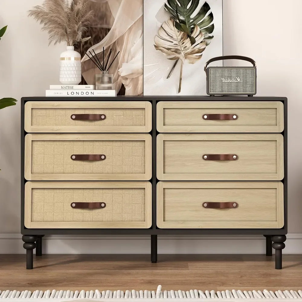 6 dresser drawers for bedroom wooden natural rattan chest of modern storage cabinet w/ design close - black oak