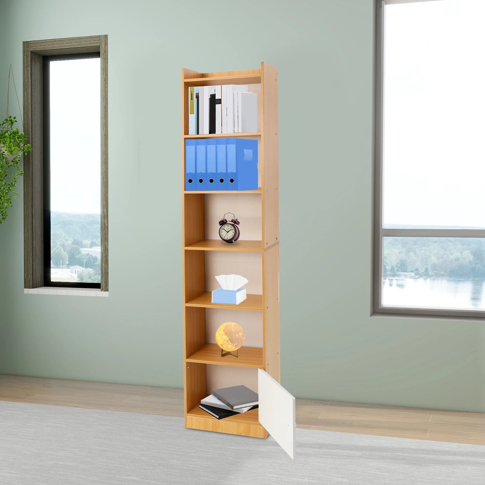 Small narrow corner bookcase - 71.26’’ tall free standing gap storage cabinet 6 tiers open shelves tower rack with door
