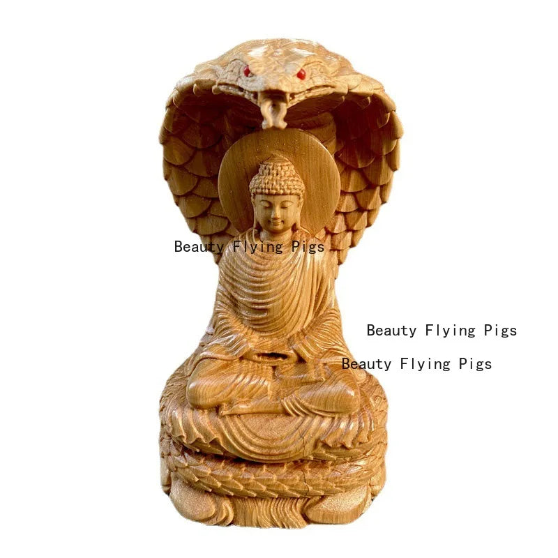 1pc snake buddha statue cliff cypress wood carving protecting figurine living room ornaments home interior decor - h