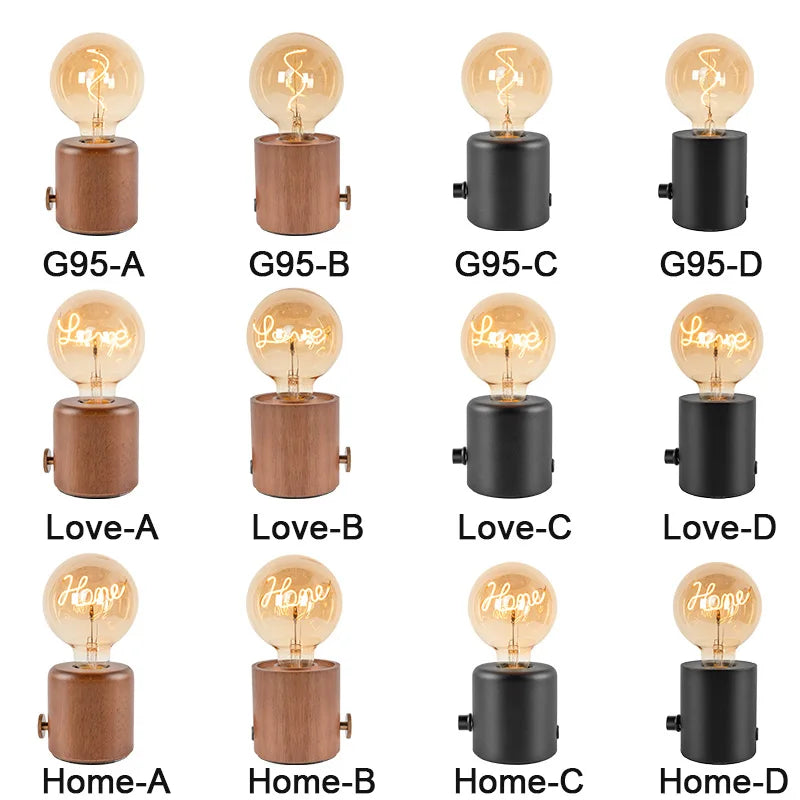 Vintage wood table lamp e27 night light eu plug for bedside desk base holder bedroom decor retro wooden lights