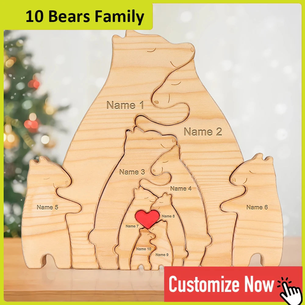 Personalized custom bear family wooden puzzle diy free engraving name sculpture home deskdecor figurines christmas