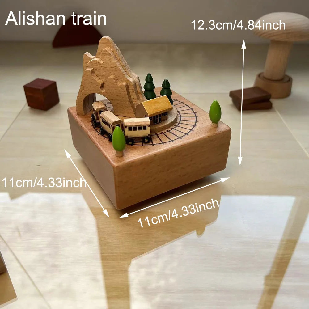 Cottage garden castle car woodgrain wind-up musical figurine wooden creative music box carousel train birthday gifts