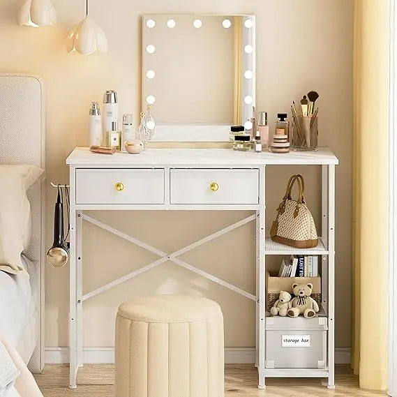 White vanity desk without mirror for bedroom makeup with 2 fabric drawers iron hook 36 inches wi - white / united states