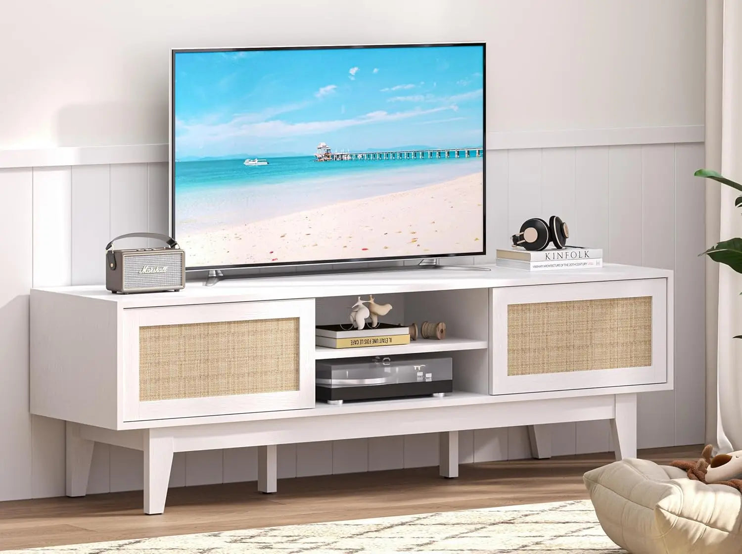 Boho tv stand for 55 65 inch rattan entertainment center with shelves cabinets and sliding doors media console table