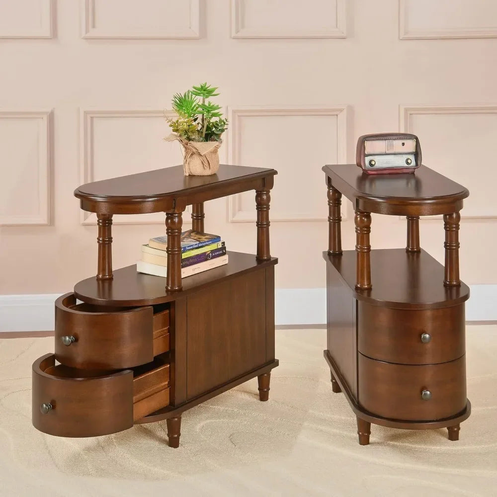 Set of 2 solid wood end table with drawers narrow sofa side slim chair storage shelf vintage
