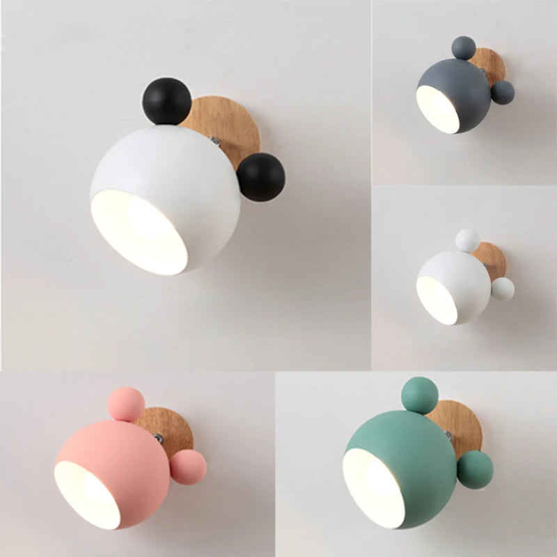 Nordic creative macaron simple personality bedroom mickey cartoon warm children’s room bedside lamp wooden wall