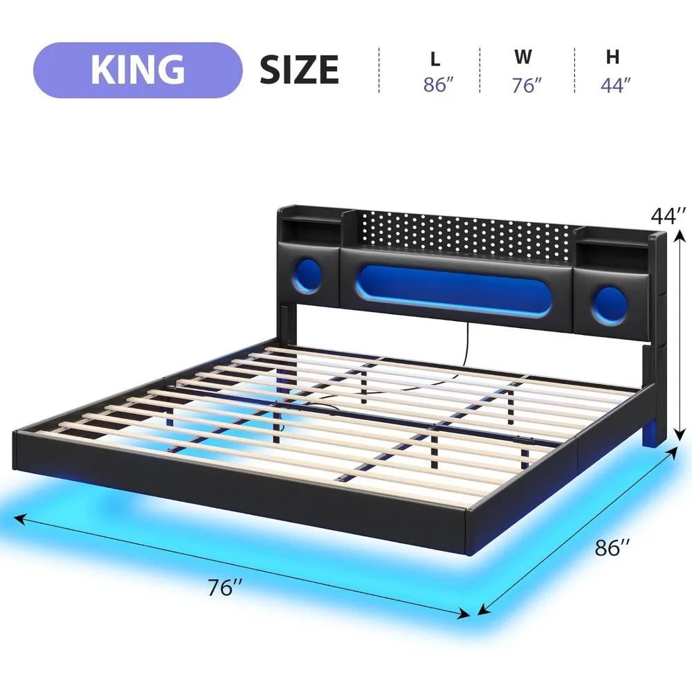 Floating bed frame king with storage & headboard,platform led lights upholstered size hea - black / united states