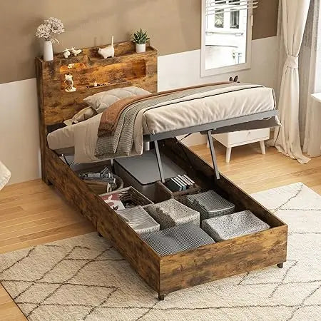 Fameill twin size lift up storage bed frame 2-tier headboard wooden platform with lifting & charging station, - brown