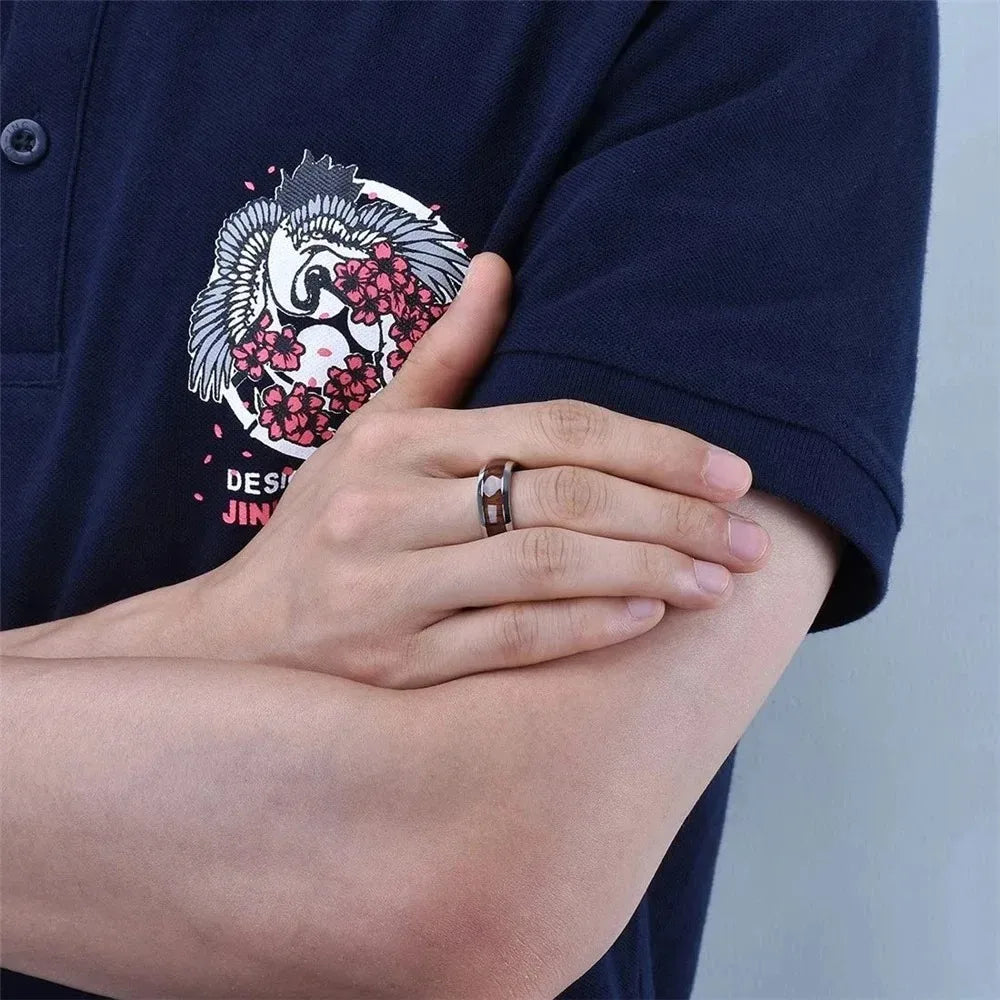 Fashion 8mm silver color stainless steel rings for men women domed koa wood inlay promise wedding engagement jewelry
