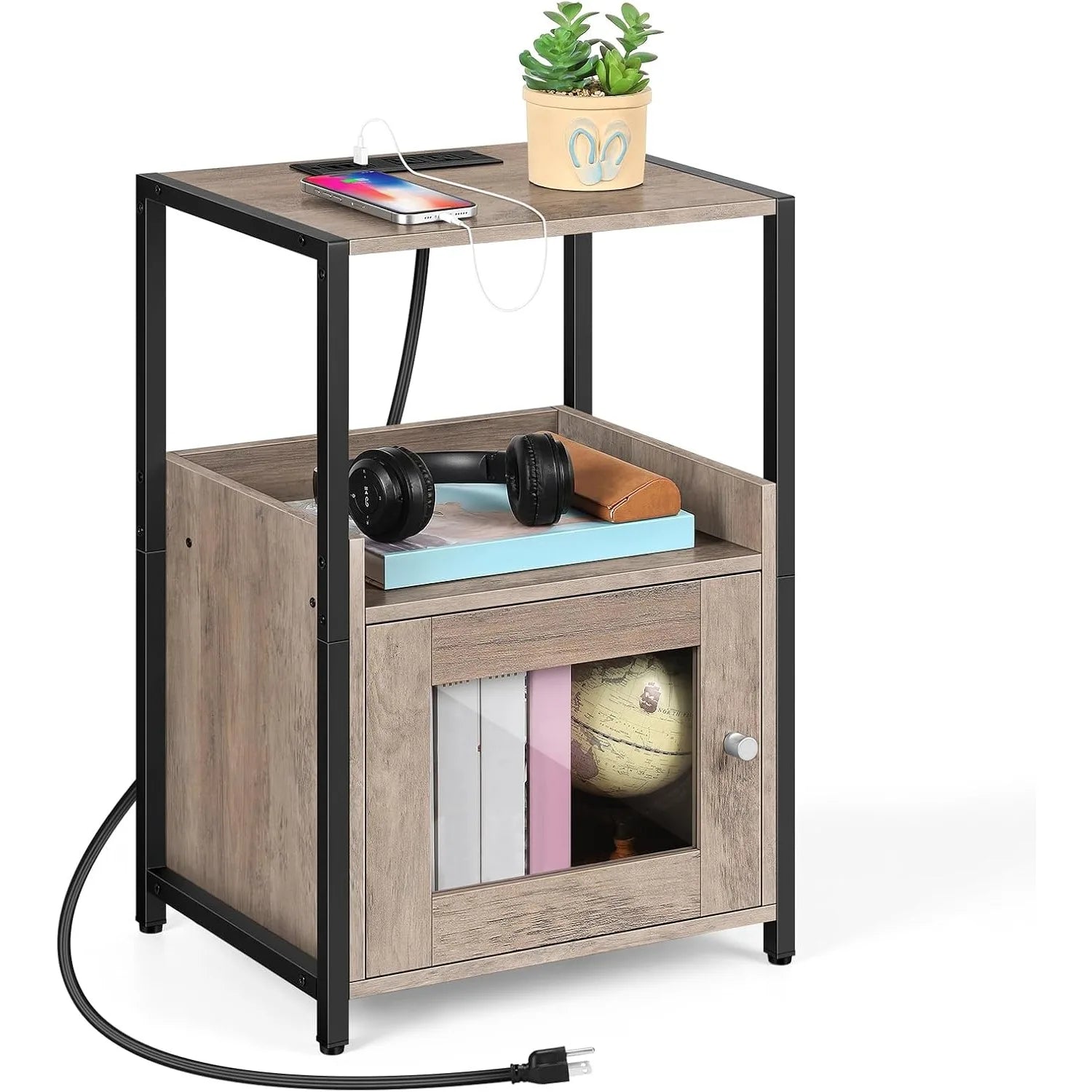 3-tier bedside table w/usb charger & shelf/cabinet - nightstand storage organizer for bedroom/living room/office grey