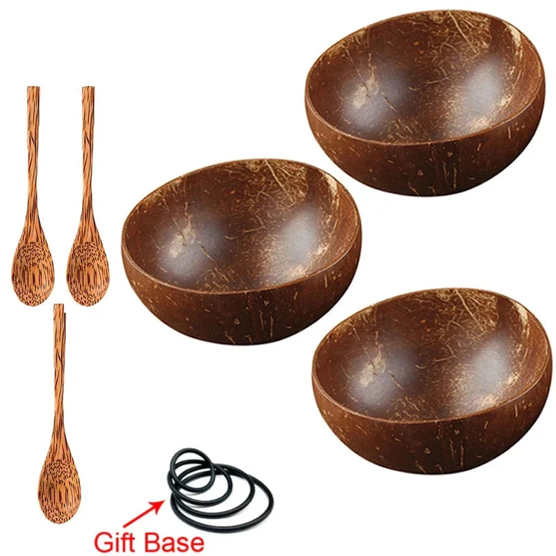 12-15cm natural coconut bowl set wooden salad ramen bowl wood spoon set coco smoothie kitchen tableware - 3 spoon