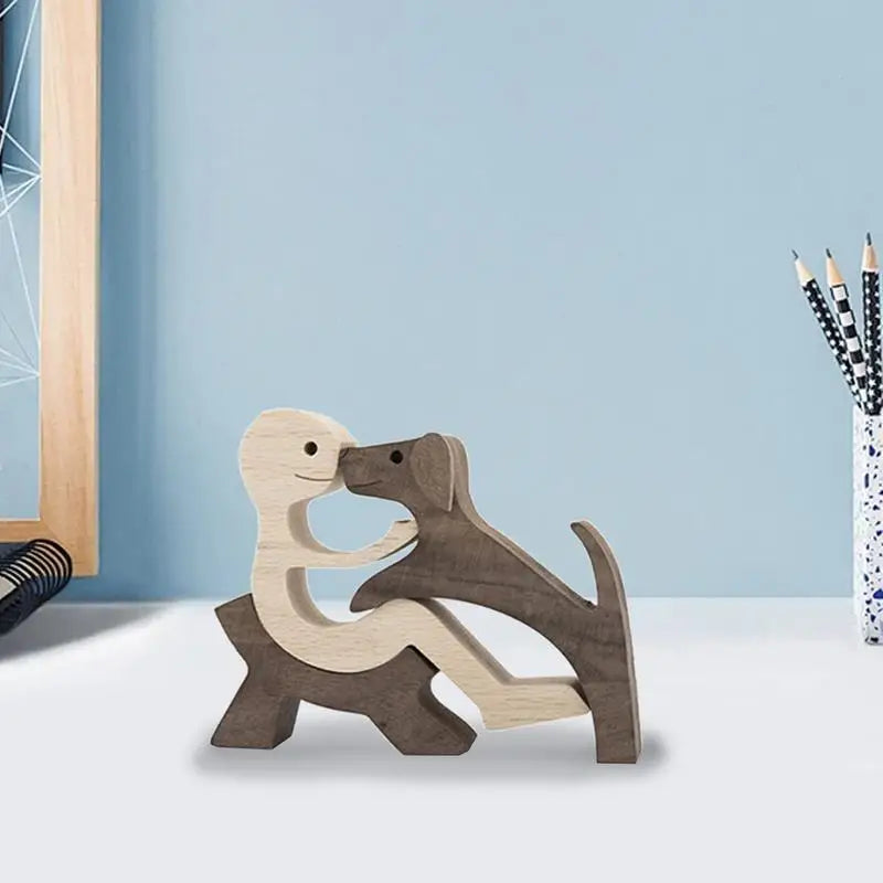 Cute wood dog human statue craft figurine desktop table ornament carving model home room decoration pet sculpture
