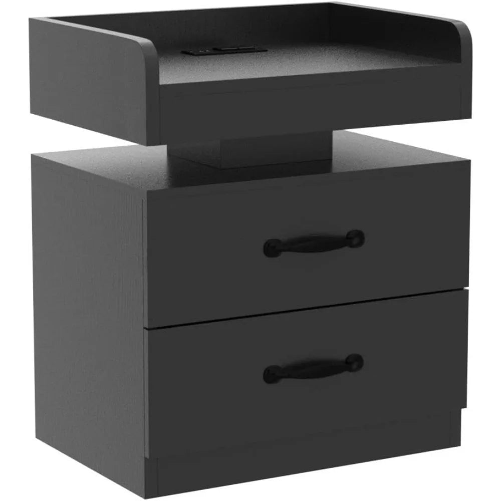 Black nightstand with charging station night stand led lights modern led end table for bedroom