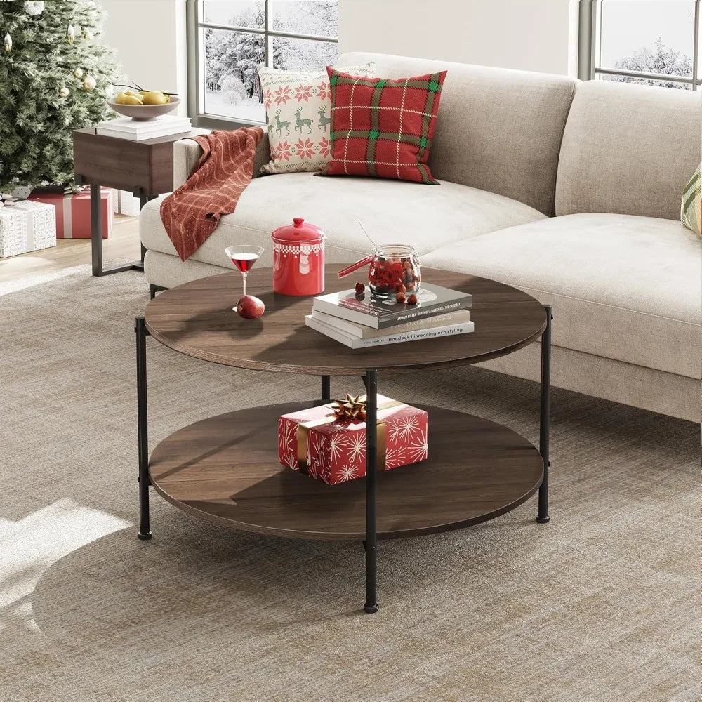 Round coffee table for living room 32.6’’ small with open storage shelf 2-tier industrial circle wood center tabl
