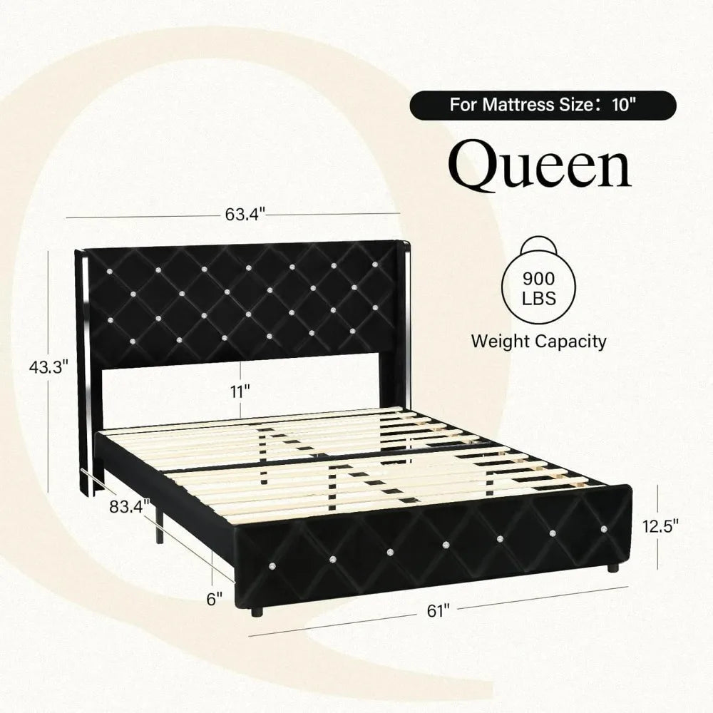 Hombck bed frame queen size velvet upholstered with wingback and diamond headboard wood slat support no box s - black