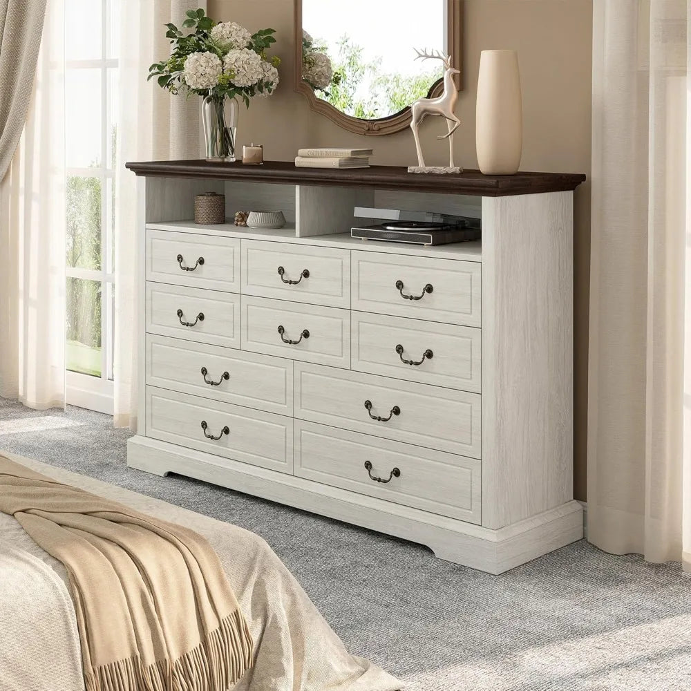 10 drawers dresser for bedroom 55.2’’wide wood white with led & power outlet large space saver chests of c