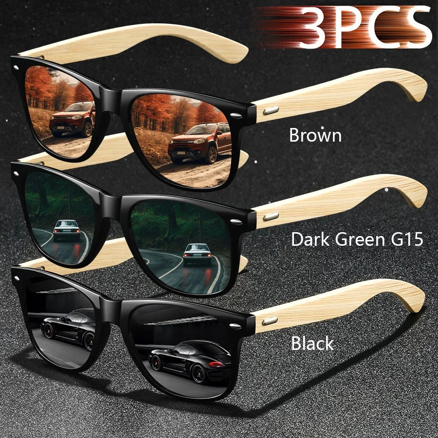 3pcs fashion vintage bamboo wood square sunglasses men women fishing driving man luxury brand designer sun glasses