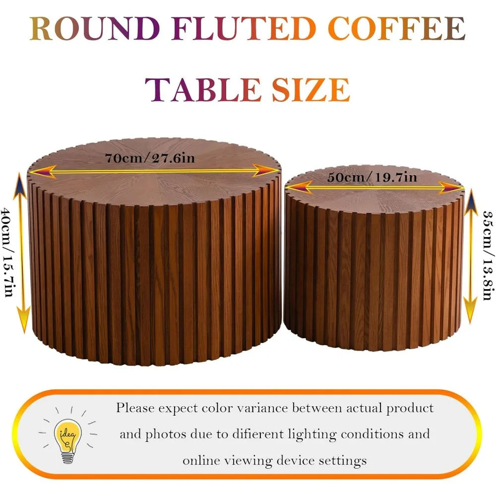 Handcraft round nesting coffee table - chic wave stripe edge modern stylish walnut wooden circle fluted center