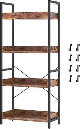 Stylish 4-tier wooden & black metal bookshelf adjustable vertical shelving for home office - united states / rustic