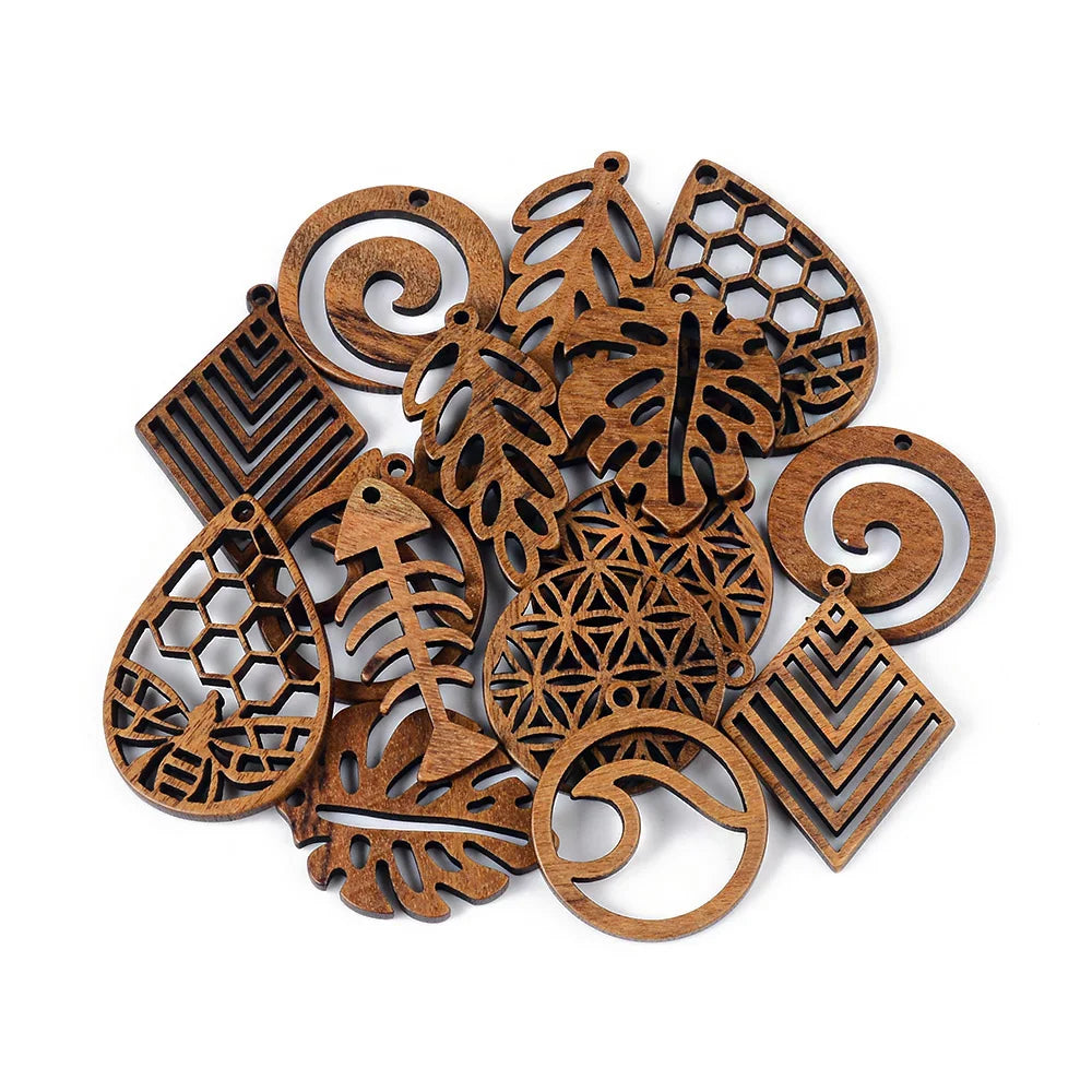 6pc/lot fish/flower shape wood pendant resin plate pendants jewelry accessory handmade connector diy earring component