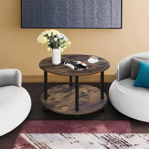 Small round coffee table for space 23.5’’ 2-tier rustic brown wooden with open storage living - united states