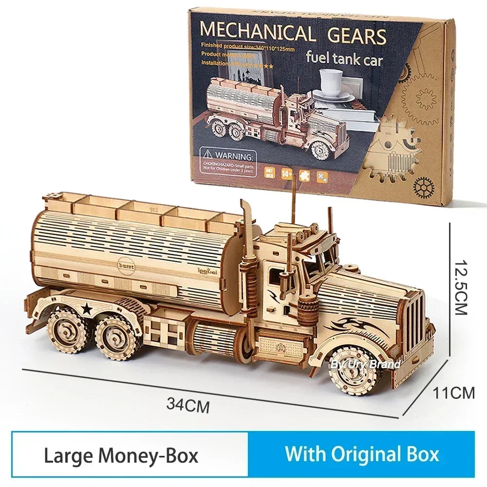 Diy 3d wooden puzzles money box piggy bank fuel truck model building block kits assembly jigsaw toy gift for children