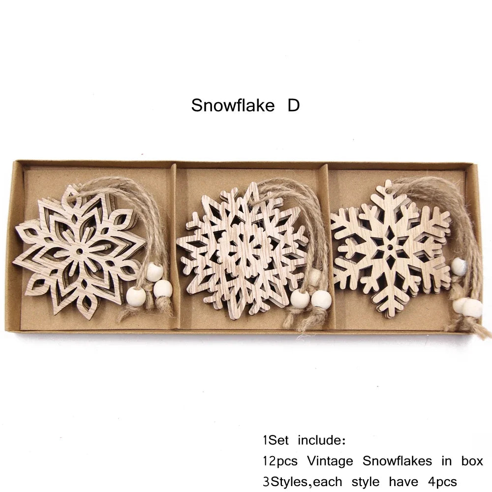 12pcs/box wooden hollow snowflake christmas vintage pendants xmas hanging ornaments for noel tree decorations diy