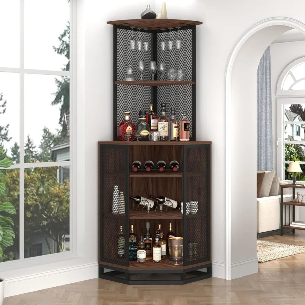 Tall corner bar cabinet large wood and metal liquor with wine rack adjustble shelf storage,