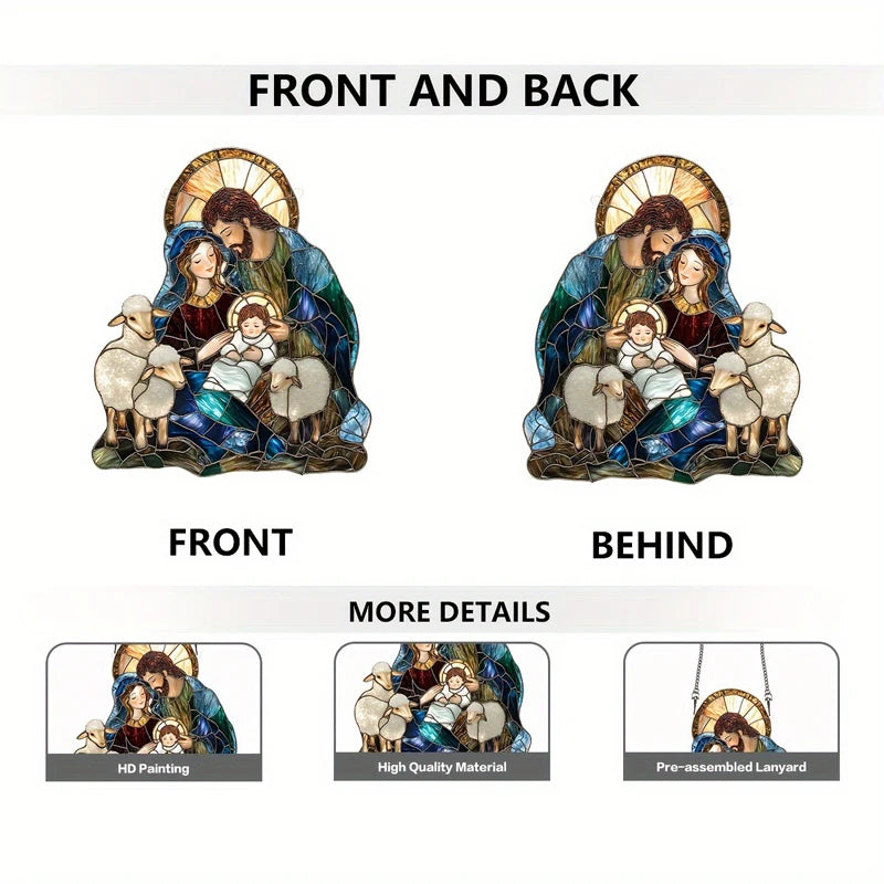 Handcrafted wooden nativity scene ornament set with baby jesus and holy family figures - christmas holiday hanging