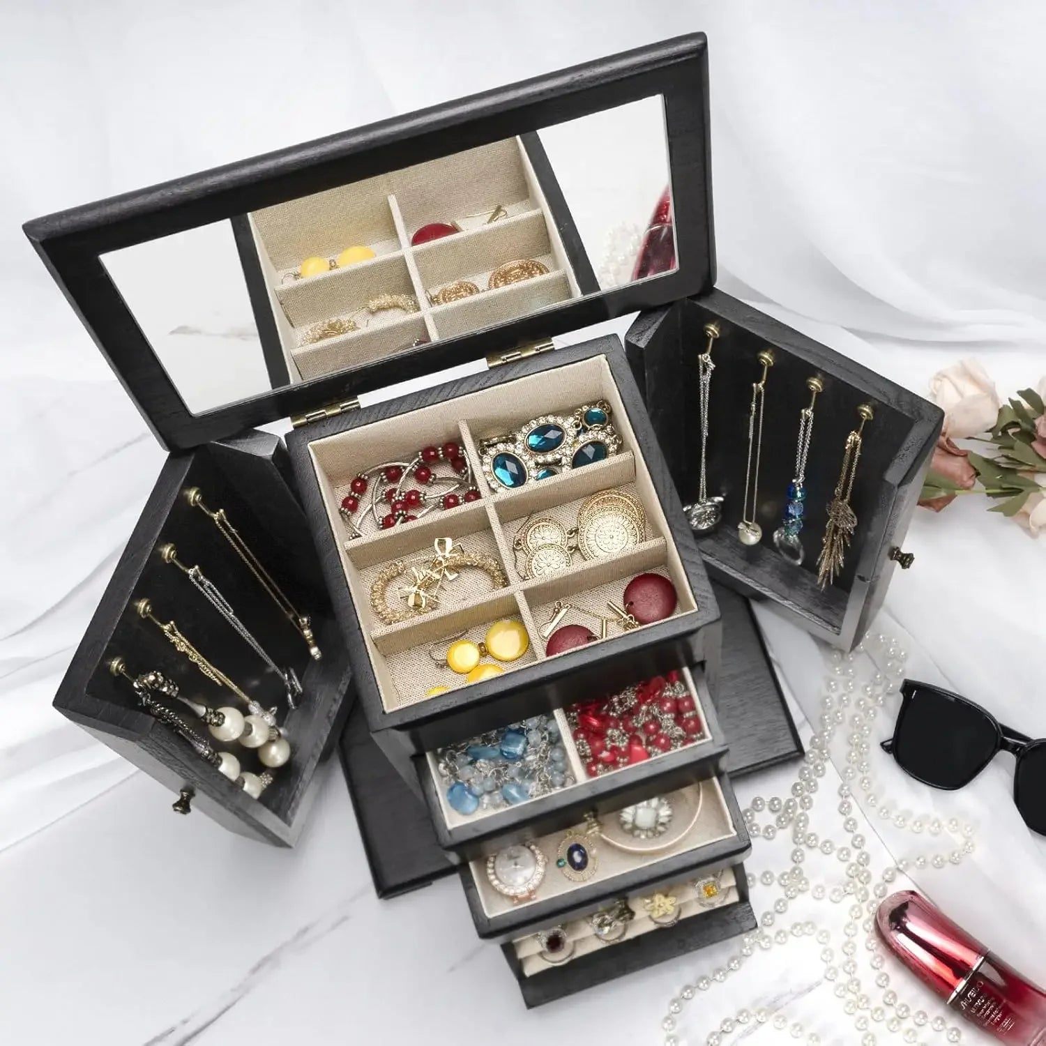 Jewelry box for women rustic wooden boxes & organizers with mirror 4 layer organizer display - box