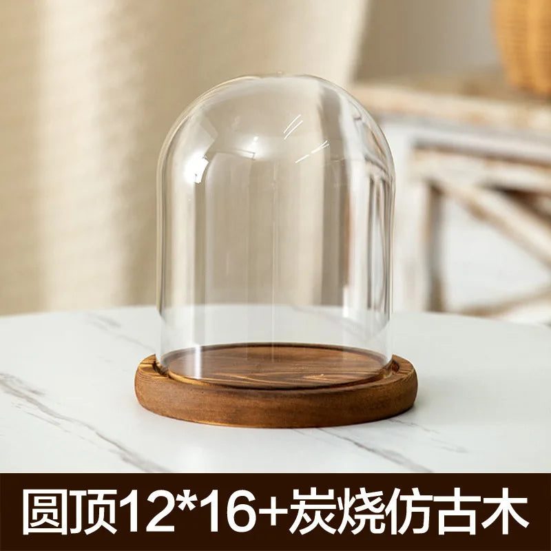 Aromatherapy candle holder ornaments dust-proof glass cover wooden base display box home decoration - dome 16cm