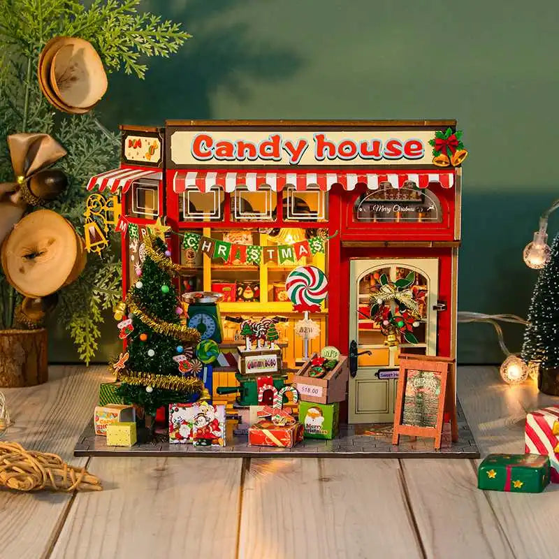 Christmas candy house diy wooden cottage kit - 3d puzzle miniature model creative home decor holiday gift - house