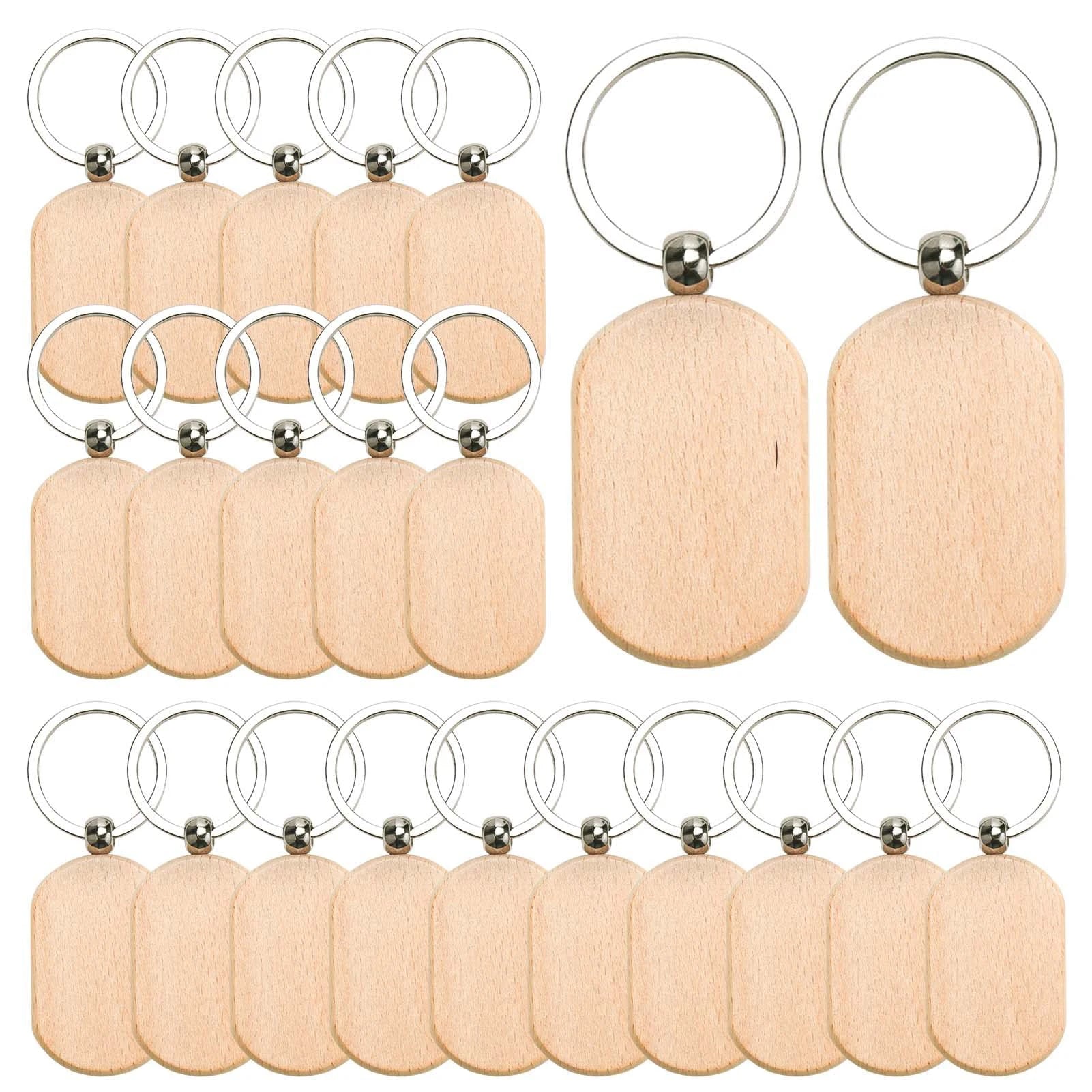 100pcs 9 styles mixed diy blank wooden keychain rectangular round heart shape wood key chain ring