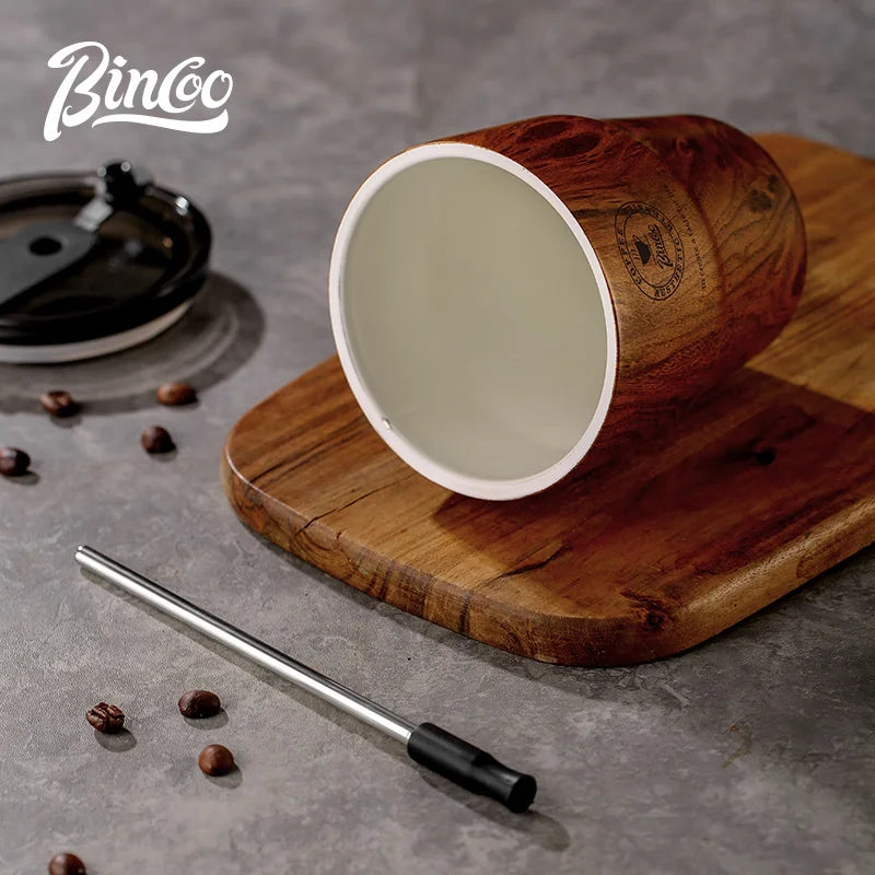 Bincoo thermal flask insulated coffee cup 580ml water mug with straw leakproof wood stripe bottle ceramic liner