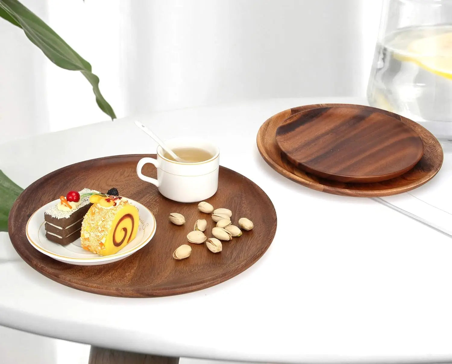12 inch best acacia wooden dinner plates set of 2 round wood serving tray for eating salad fruit food dishe platt