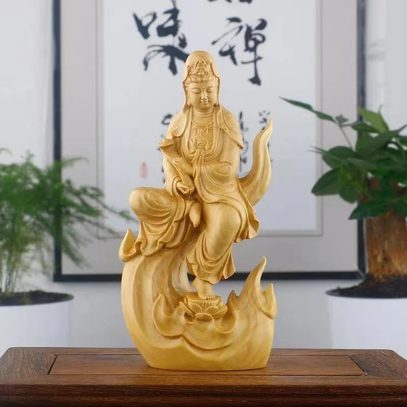 Natural cypress guanyin decorative figures statue solid wood carved chinese buddha statues home room office feng shui