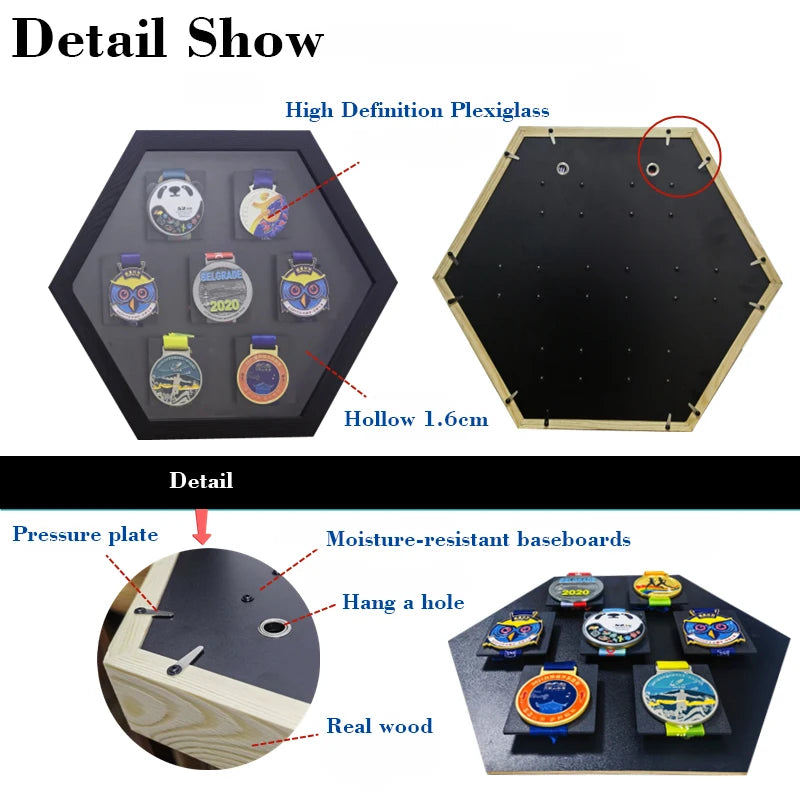 Wooden hexagonal medals frames for marathon display wall mounted picture sports football running swimming